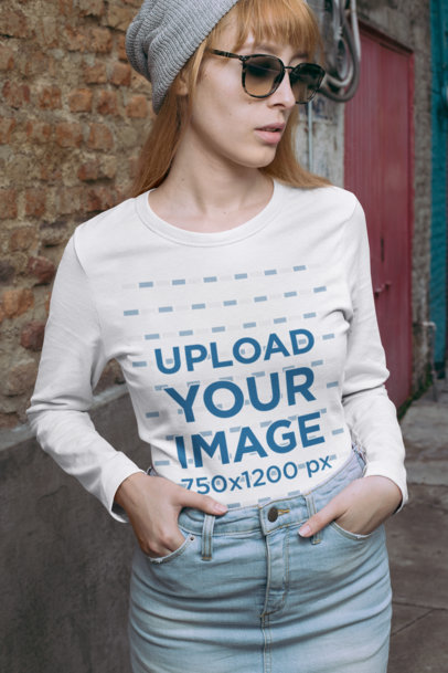 Mockup of a Red-Haired Woman Wearing a Long Sleeve Tee and a Denim Skirt