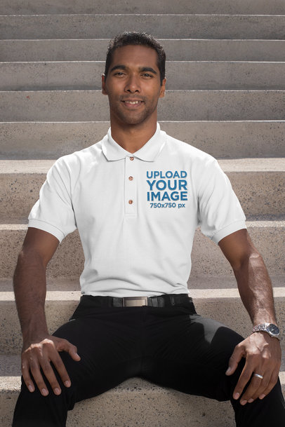 Embroidered Polo Shirt Mockup of a Business Man Sitting on Concrete Stairs 