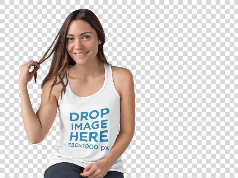 Tank Top Mockup of a Woman Sitting on a Wooden Stool 