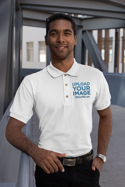 Embroidered Polo Shirt Mockup Featuring a Man Posing by a Handrail 28913