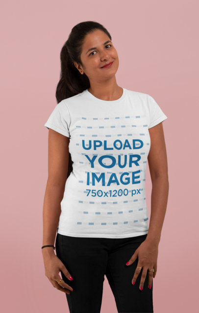Crewneck T-Shirt Mockup of a Woman with Long Hair at a Studio