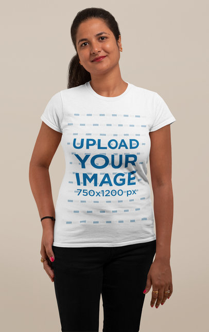 T-Shirt Mockup of a Woman Standing Straight at a Studio 