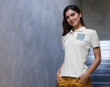 Polo Shirt Mockup of a Woman Posing with Hands in Her Pockets