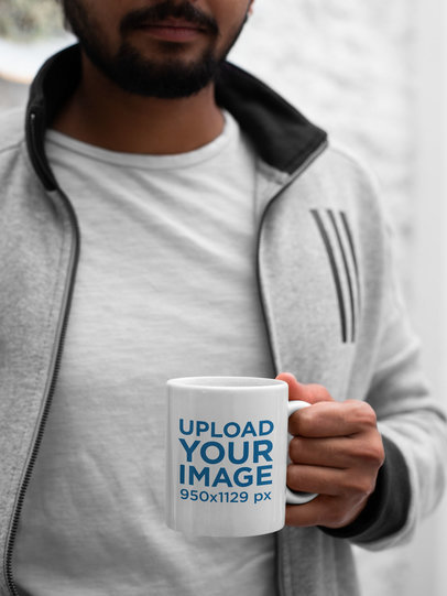 Closeup 11 oz Coffee Mug Mockup of a Bearded Man 