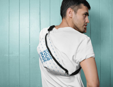 Back View Mockup of a Man Wearing a Fanny Pack Around His Body 