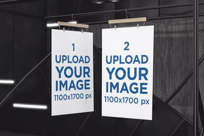 Mockup Featuring Two Exhibition Posters Hanging Against a Dark Background 