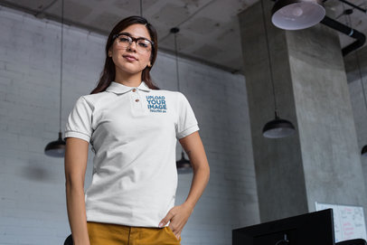 Mockup of a Woman with Glasses Wearing a Polo Shirt 