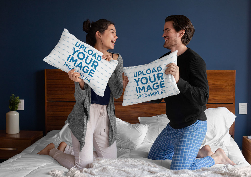 Mockup of a Couple Having a Pillow Fight 