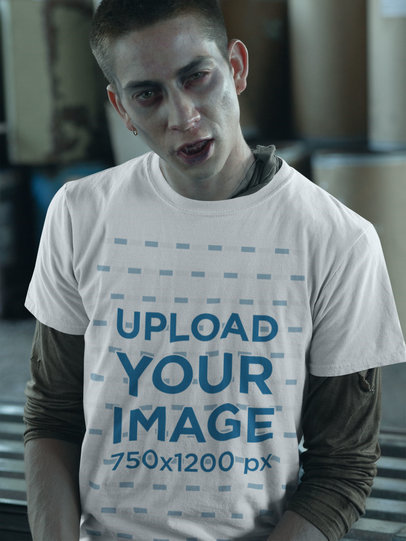 T-Shirt Mockup of a Scary Man with Zombie Makeup 