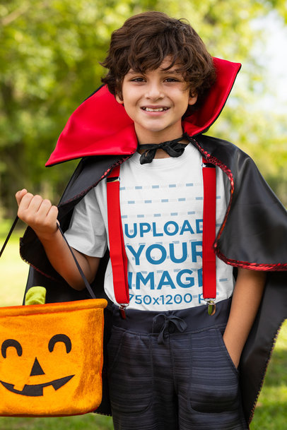 Mockup of a Boy Wearing a T-Shirt and a Vampire Costume