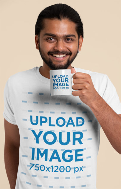 T-Shirt and Coffee Mug Mockup of a Smiling Man in a Studio