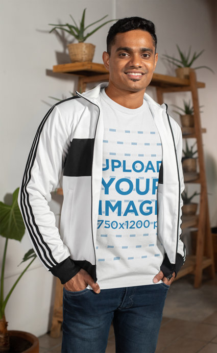 Mockup of a Man Wearing a T-Shirt Indoors