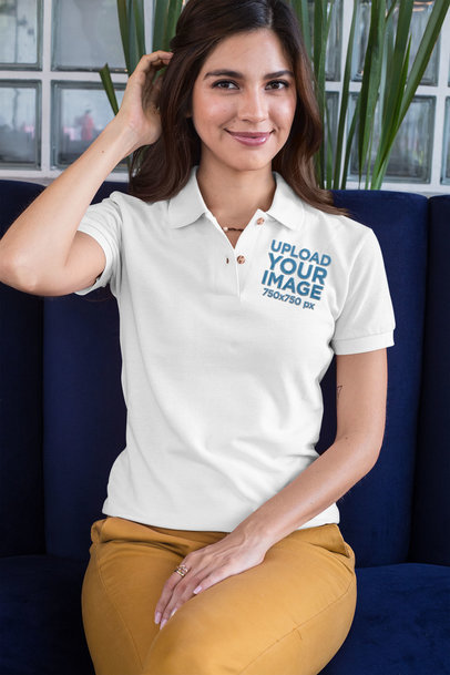 Polo Shirt Mockup of an Elegant Woman Sitting and Fixing Her Hair