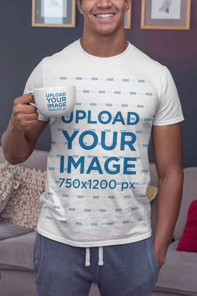 T-Shirt Mockup of a Man Having a Coffee in a 24oz Mug 29257