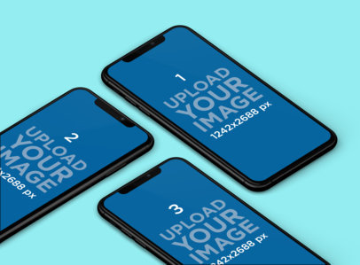 Mockup of Three iPhones 11 Pro Max Lying on a Customizable Background
