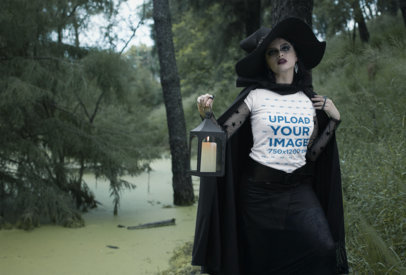 T-Shirt Mockup Featuring a Witch in the Woods 