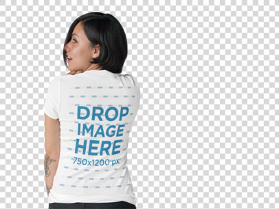 Back View T-Shirt Mockup of a Tattooed Woman at a Photo Studio