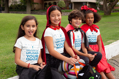 T-Shirt Mockup of Four Kids with Halloween Costumes Making Funny Faces