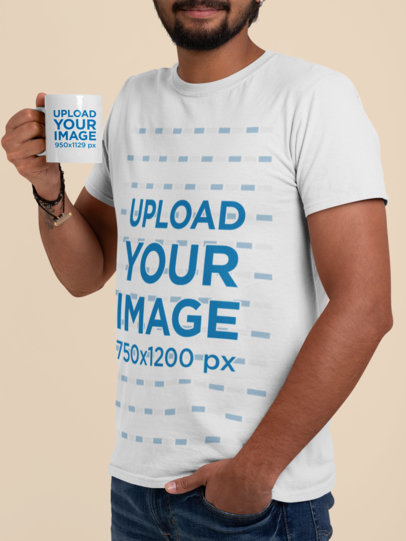 T-Shirt Mockup of a Cropped-Face Man Holding an 11 oz Mug in a Studio