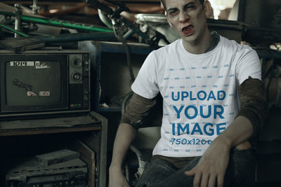 Mockup of a Man with Zombie Makeup Wearing a Crewneck T-Shirt 