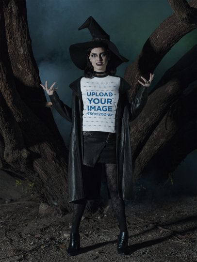 T-Shirt Mockup Featuring a Witch in a Haunted Forest 