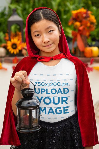 T-Shirt Mockup of a Girl with a Red Cape 