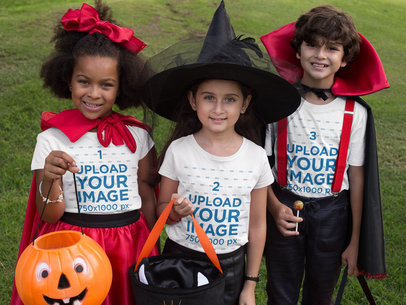 Mockup of Three Kids Wearing a T-Shirt and Costumes for Halloween