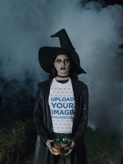 T-Shirt Mockup Featuring a Woman Wearing a Spooky Witch Costume