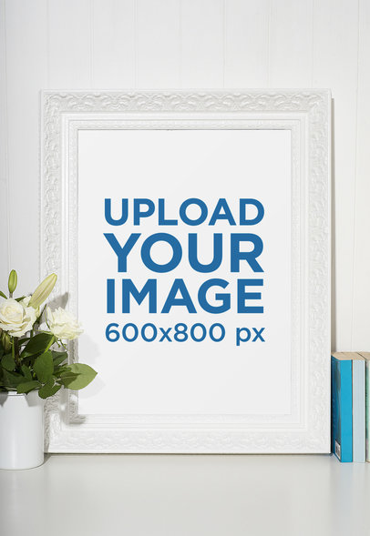 Photo Frame Mockup Featuring Some White Roses and a Couple of Books