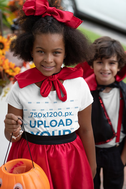 Mockup of a Girl Wearing a T-Shirt and Trick-or-Treating 