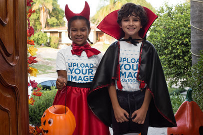 T-Shirt Mockup of Two Kids Trick-or-Treating in Halloween