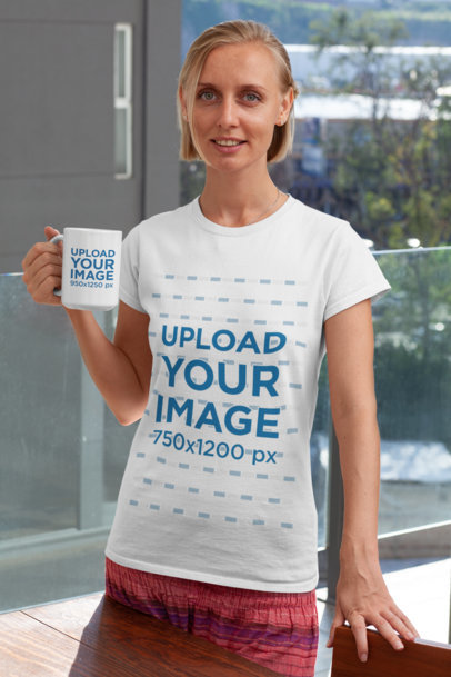 Shirt Mockup of a Woman Standing in a Balcony with an 11 oz Coffee Mug 