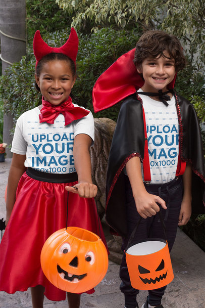 T-Shirt Mockup of Two Kids with Halloween Costumes