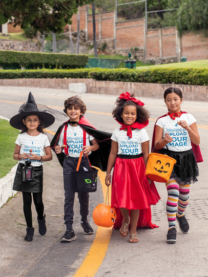 T-Shirt Mockup of Kids Trick-or-Treating on the Street 