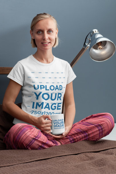 15 oz Mug Mockup of a Woman Wearing a T-Shirt and Pajama Pants