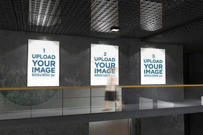Mockup of Three Exhibition Posters Hanging at a Gallery