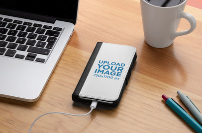 Wallet Case Mockup Featuring a Charging iPhone X 29245
