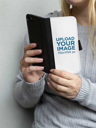 Cropped Face Mockup of a Woman Holding an iPhone 7 Plus Wallet Case 29221