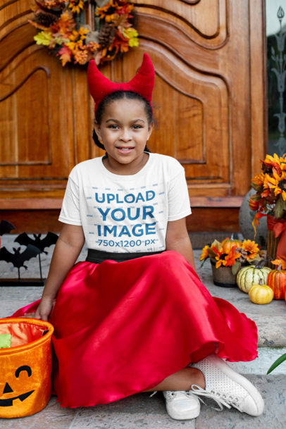 Halloween T-Shirt Mockup Featuring a Girl Wearing a Devil Horns Headband