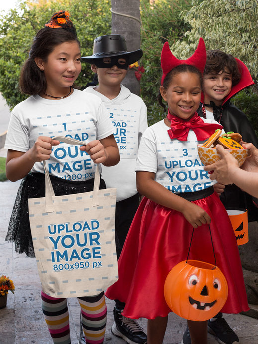 Halloween Mockup of Kids with T-Shirts and Tote Bags Asking for Trick or Treat