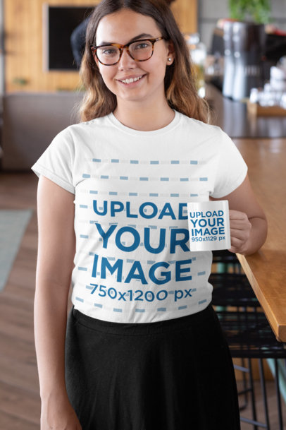 T-Shirt Mockup of a Woman with Glasses Holding an 11 oz Mug 