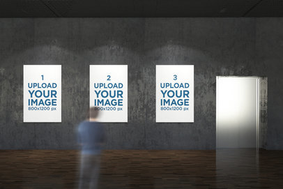 Mockup Featuring Three Exhibition Posters Hanging on a Gallery's Wall 