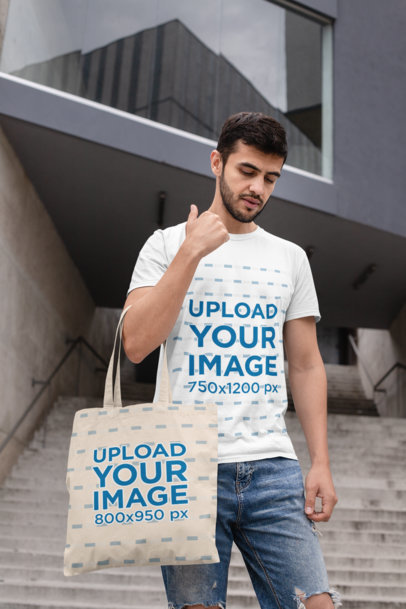 Shirt Mockup Featuring a Man with a Customizable Tote Bag