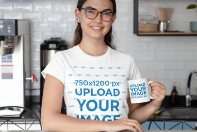 T-Shirt Mockup of a Woman with an 11 oz Mug in the Kitchen 