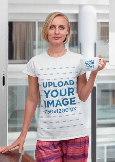 Mockup of a Woman Wearing a Tee and Loose Pants while Holding a 24 oz Coffee Mug 29278