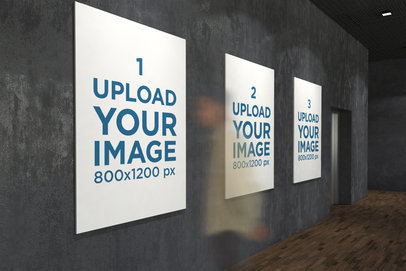 Mockup of Three Exhibition Posters Featuring a Moving Viewer