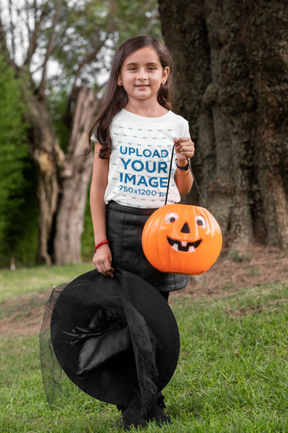  Mockup of a Girl Wearing a T-Shirt and a Witch Costume in the Woods