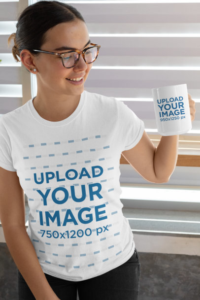 T-Shirt Mockup of a Woman with Lenses Looking at a 15 oz Mug 