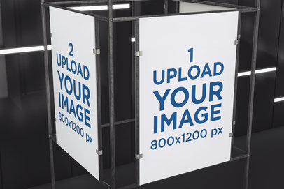 Mockup Featuring Two Exhibition Posters on a Metal Stand 