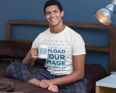 T-Shirt Mockup of a Man Drinking in His 15 oz Mug in Bed